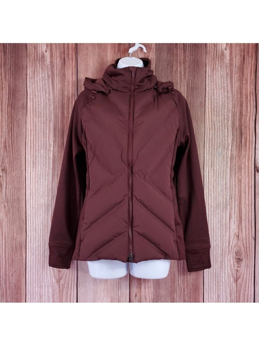Athleta Womens Medium Inlet Jacket Hooded Puffer Down Decadent Chocolate 982731